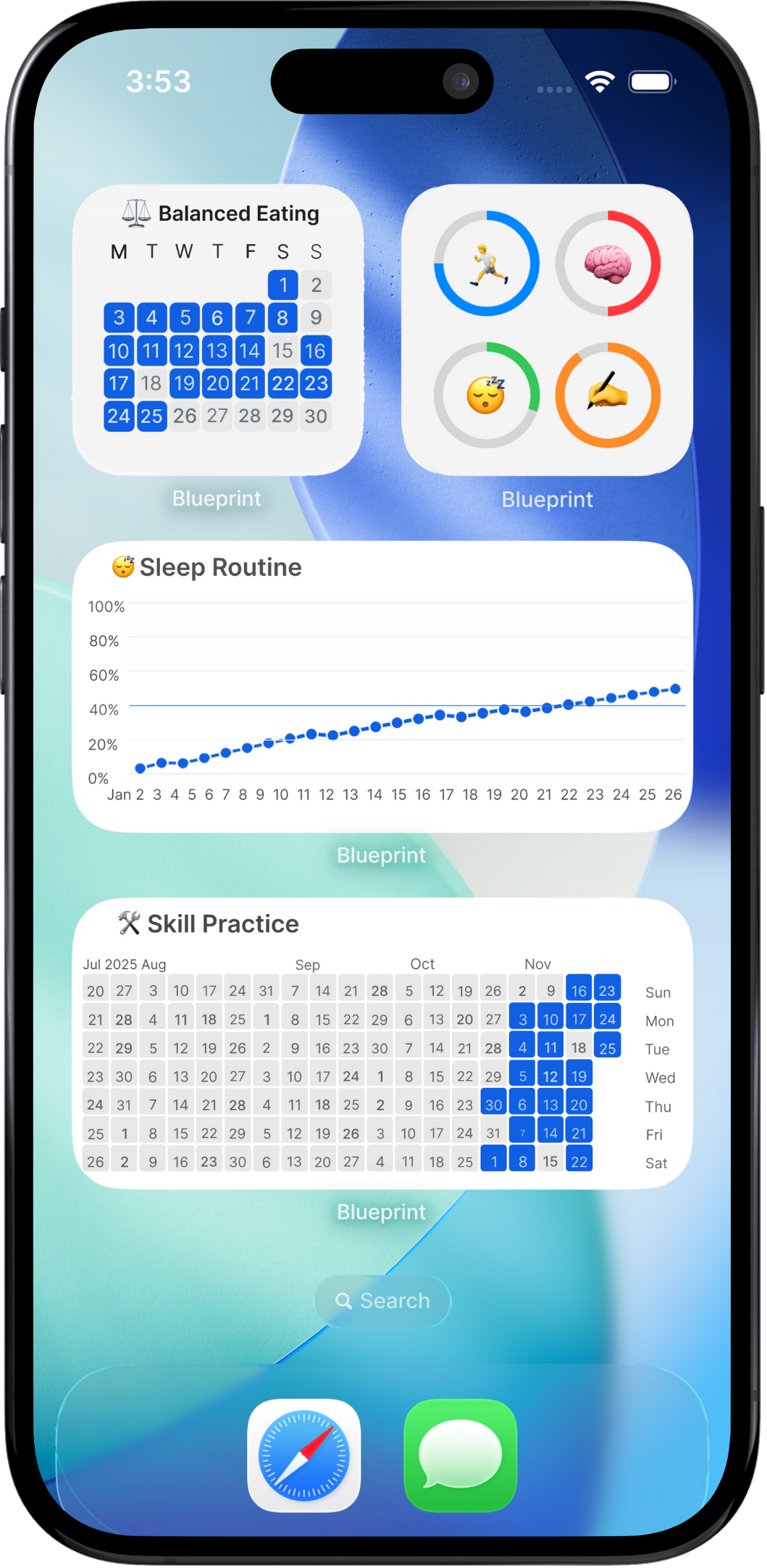 iOS home screen with Blueprint widgets